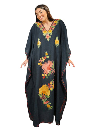Women's Black Colorful Embroidered Cotton Maxi Kaftan  Boho Summer Dress  L-2X